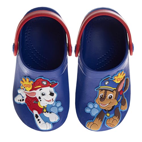 Josmo Kids Paw Patrol Clog Sandal Waterproof Slip-On Slides for Boys - Chase and Marshall Closed Toe Clogs with Backstrap - Blue Red (Size 5-6 Toddler)