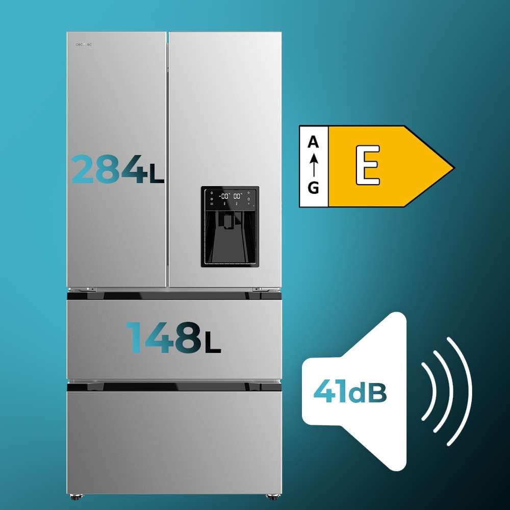 Cecotec Réfrigérateur Congélateur 4 Portes Française Bolero CoolMarket FD 436 WD Inox 436L Total No Frost
