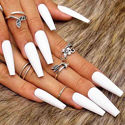 Outyua Matte Extra Long Press On Nails Super Long Coffin Ballerina Fake Nails Acrylic Full Cover Nails 24Pcs (White)