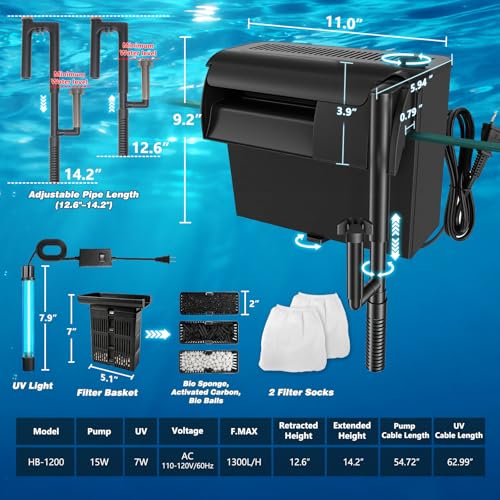 Image of Large Hang on Back Aquarium Filter w / U-V Light for 40-150 Gallon Fish Tank
