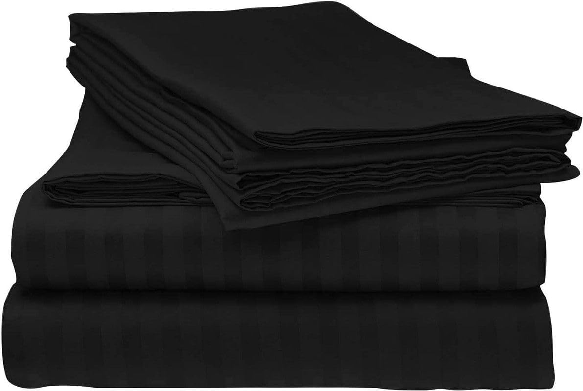 600 Thread Count 6 Pc Sheet Set, 100% Cotton Breathable & Cooling Sheets, 1 Flat Sheet, 1 Fitted Sheet with 10 Inch Deep Pocket & 4 Pc Pillowcases- Black Stripe- Twin Size