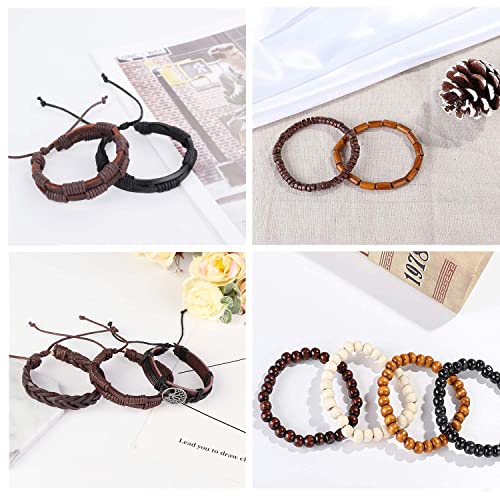 Jstyle 28Pcs Braided Leather Bracelets For Men Women Woven Cuff Wrap Bracelet Wood Beads Mens Bracelet Set Adjustable Ethnic Tribal Rope Wristbands Bracelets B #TOP4