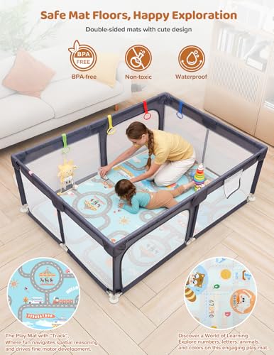 Image of Dripex Baby Playpen with Mat, 71 inchx47 inch Large Play Pen for Babies, Dark Grey | Included Waterproof Mat /Portable Bag / Pull up Rings, Breathable Visible Mesh, Easy Setup, Indoor /Outdoor Use