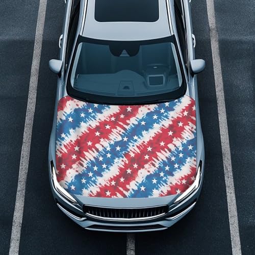 Image of Car Hood Cover All-Season Protection Car Hood Cover Protector Stretch American Flag Print Polyester Fabric Covers Removable Automotive Accessories Ft Fits Most Cars