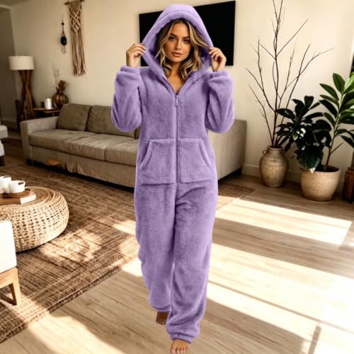Long Sleeve Jumpsuit for Women Sherpa Lined Pajamas Zip Up Hooeded Romper - image 2
