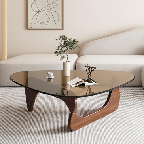 Tavolino da salotto, moderno, in vetro, cornice in legno, tavolino da caffè, tavolino da cocktail, tavolo per soggiorno, ufficio, casa, noce + marrone, 82 x 57 x 40 cm