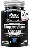 Magnesium Citrate 1480mg - 240 Vegan Capsules - 4 Month Supply - Providing 444mg Elemental Mag - Capsules not Tablets - High Strength Supplement - Made in The UK - Nu U Nutrition