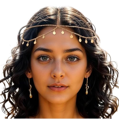 YAZWUR Chaîne de tête dorée pour femme - Accessoire de costume de voyante pour Carnaval, Halloween, danseuse orientale, bandeau oriental et bijou de cheveux