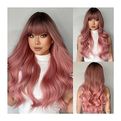 Perruque synthétique ondulée rose et grise avec frange pour masquer la repousse