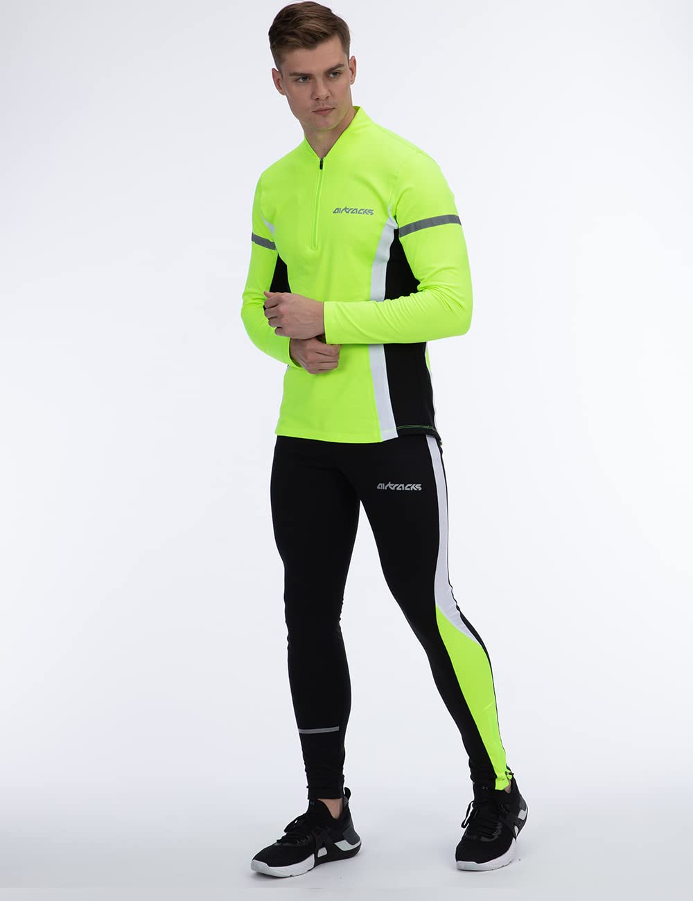 Airtracks Herren Winter Funktions Laufshirt Langarm - Thermo Running Sweatshirt - Fleece T-Shirt - Warm - Winddicht - Atmungsaktiv - Reflektoren