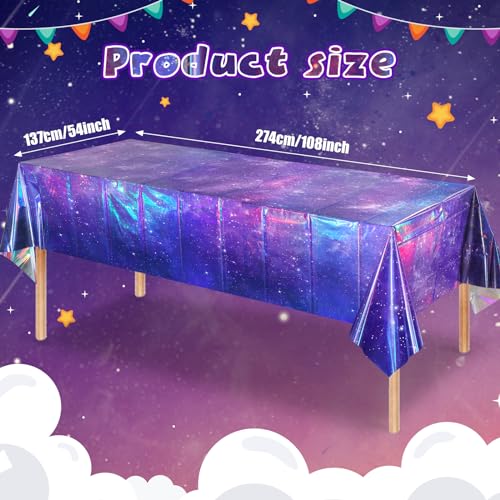 Image of 3Pcs Iridescent Space Tablecloths, Disposable Plastic Purple Galaxy Table Cloth Rectangle Table Covers for Space Starry Night Star Theme Party Birthday Party Decorations, 54x108 Inch