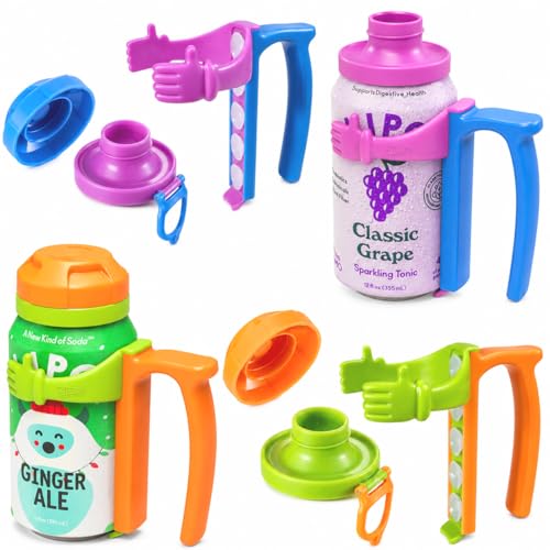 Image of ORIGINAL CREATOR - DIPESI Soda Can Lids and Holders for 12oz Cans - 2 Can Covers + 2 Can Holder with Handle - For Soda, Beer, Pop - Easy to Hold, Leak-Free