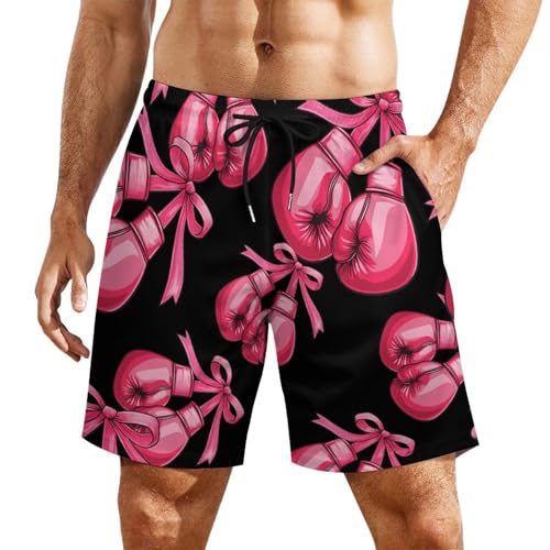 Breast Cancer Boxing Glove Ribbon Mens Swim Trunks with Quick-Drying Lining Beach Shorts for Outdoor Sports