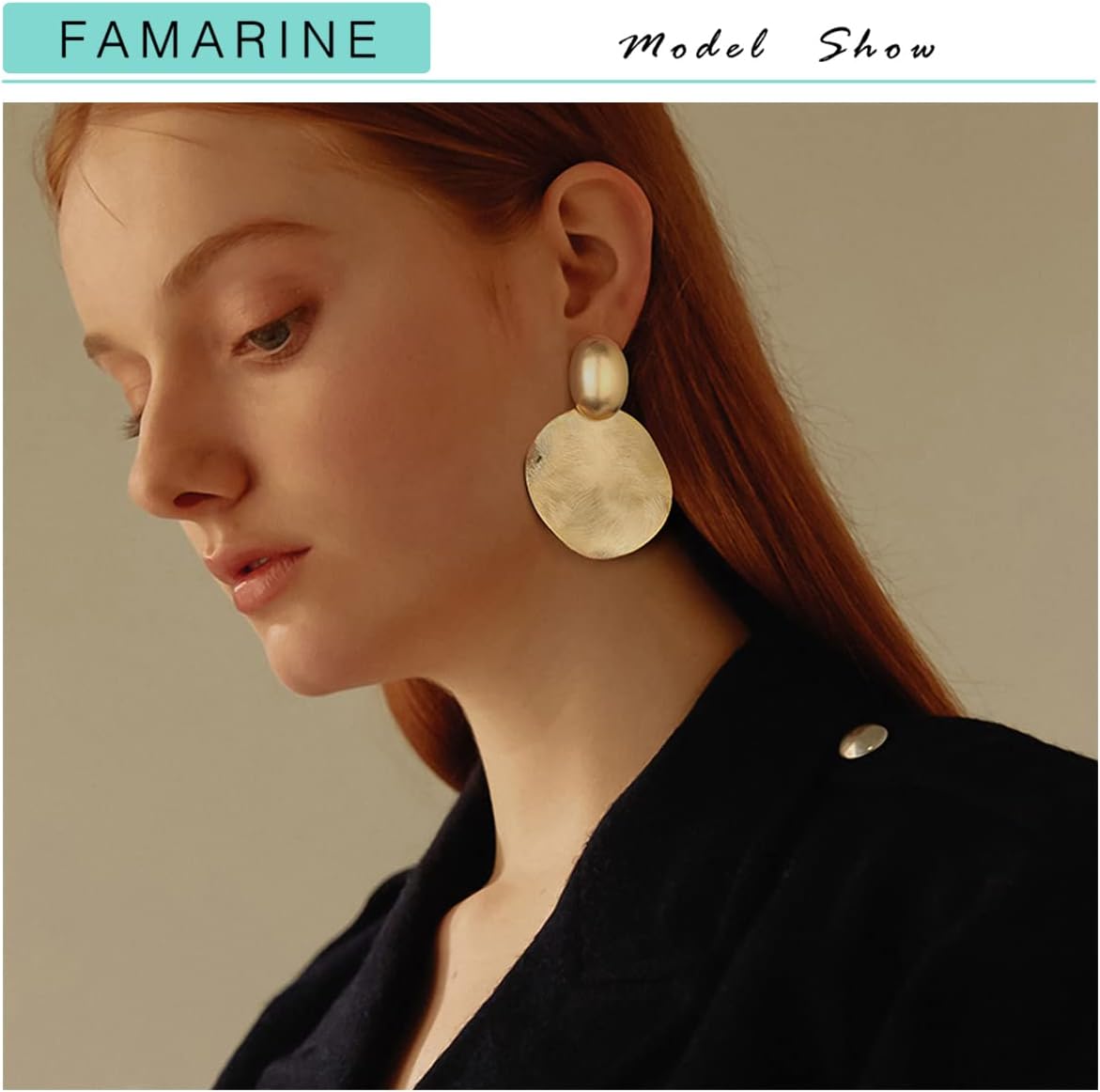 FAMARINE Big Disc Drop Earrings Gold Dangle Earrings Round Hammered Earrings Women - Image 2