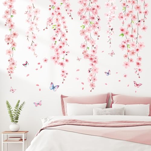 SHUCHING Stickers Muraux Fleurs de Cerisiers, Autocollant Mural Vigne Fleurs Roses, Décoration Murale pour Chambre Fille Salon