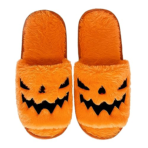 Knemksplanet Halloween Pumpkin Slippers Women Men Jack O Lantern Fuzzy Spooky Slides Soft Plush Cozy Slippers Indoor Outdoor