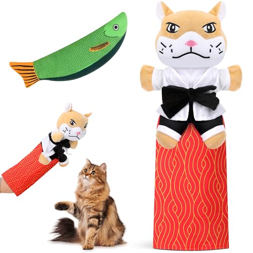 Joreoia Cat Wrestling Glove - Cat Puppet Wrestler Toy with Tough Padding for Safe Interactive Play Cat & Dog Wrestling Interactive Toy with Fish Toys Kids & Pet Safe for Training & Exercise (A)