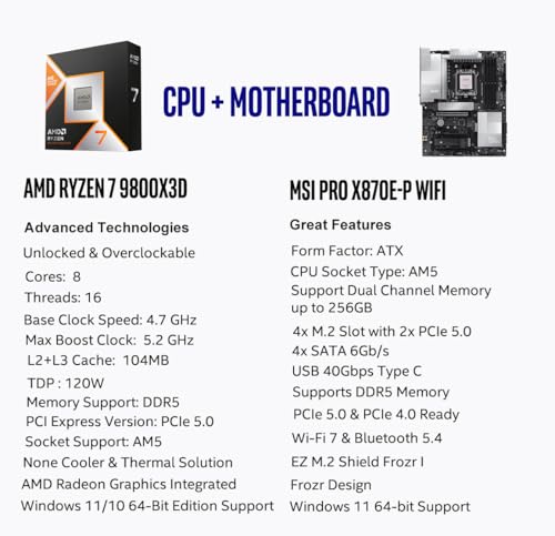 Image of MICRO CENTER CPU Motherboard Combo - AMD Ryzen 7 9800X3D CPU Processor with MSI PRO X870E-P WiFi Motherboard (ATX, AM5, DDR5, PCIe 5.0, M.2 Gen5, Wi-Fi 7)