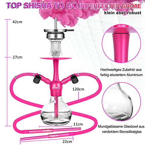 Mini Shisha Set, 42cm Hookah to go 2 Schläuche 2 Anschlüsse, Aluminium Wasserpfeife Set Klein, Reise Shisha Komplett mit… – Bild 4