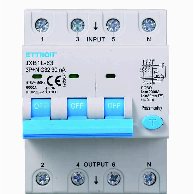 Interruttore Magnetotermico Differenziale, 3P+N, 380V-6KA, 30mA, 4 Moduli DIN (32A)