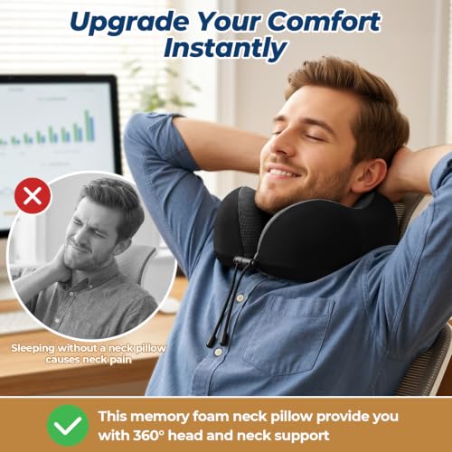 Image of ExploreBliss Travel Pillow, Memory Foam Neck Pillow Airplane, Black | Travel Pillows for Airplanes, Neck Pillow Airplane, Memory Foam Neck Pillow Set with Eye Mask, Earplugs