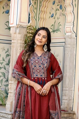 Image of Stylum Women's Ajrakh Printed Cotton A-Line Kurta Pant Dupatta Set