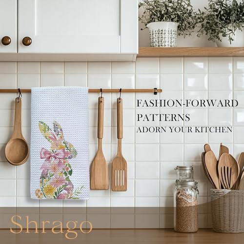 Image of Spring Floral Bunny Kitchen Towels, Coquette Bow Easter Bunny Dish Tea Towels for Kitchen, Cottagecore Flower Rabbit Decorative Hand Towel for Bathroom Decor, 16x24 Inch