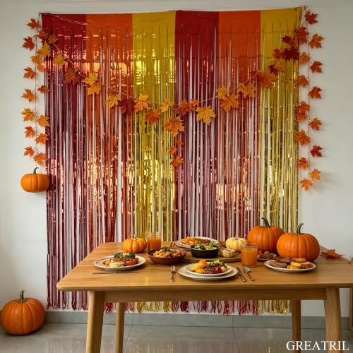 Image of Red Orange Gold Foil Fringe Backdrop Curtain - GREATRIL Party Backdrop Curtains for Birthdays Fall Pumpkin Thanksgiving Party 2 Packs