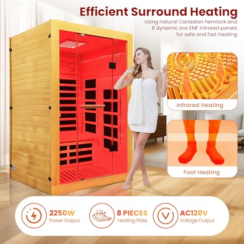 Image of OUTEXER Infrared Sauna 2000W Wooden Saunas Home Spa Room Canadian Hemlock Wood Low-EMF Indoor Saunas with with Red Light Beauty Lamp for Two Person 74.8 * 47.2 * 41.3Inch