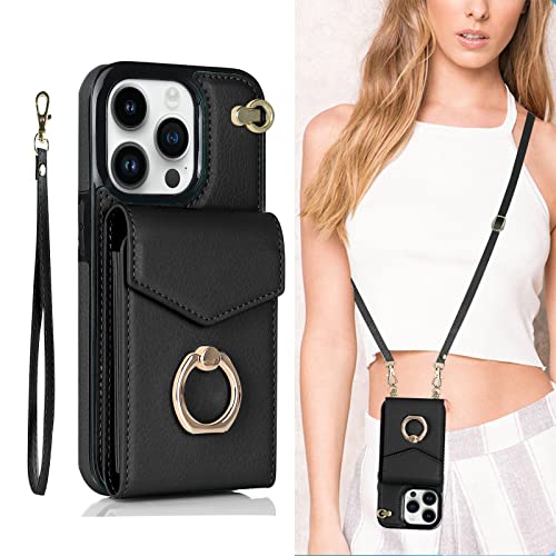 SINQERISHT Crossbody Wallet Phone Case for Samsung Galaxy A42 5G Leather Case with Credit Card Holder & 360° Ring Kickstand & Wrist Strap Purse Cover Magnetic Closure Flip Handbag Shell(Black)