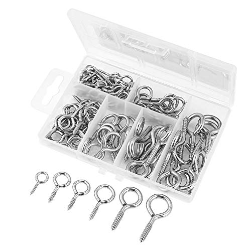 100 viti per occhiali, gancio a vite con filettatura in legno, viti a gancio, bulloni per occhio, 6 misure, argento