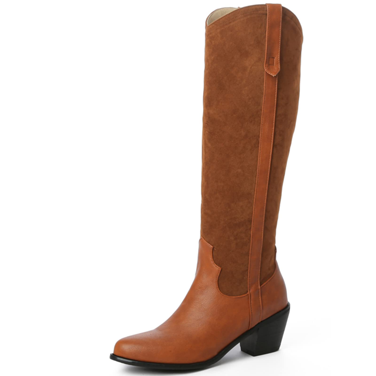 CUTEHEELS Damskie buty typu casual Slip-on Western do kolan wysokie buty z chunky obcasem i szpiczastym noskiem, żółty1, 43 EU