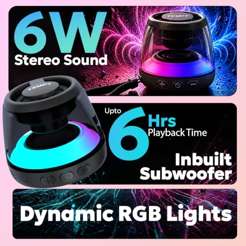TEMPT Cameo Bluetooth Speaker | 6W in-Built Subwoofer & Mic | 6hrs Playtime | Powerful Bass | Magnetic Stick on Design | RGB Lights | Portable Travel Speaker (Black) view 2