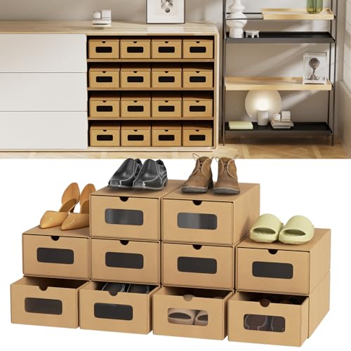 Peviasot 35 × 23 × 13 cm – 10 X scarpiera marrone puro con finestra – Scatola pieghevole per scarpe in carta kraft impilabile, scatola per scarpe, cassetto, scatola di cartone per dimensioni fino a 45
