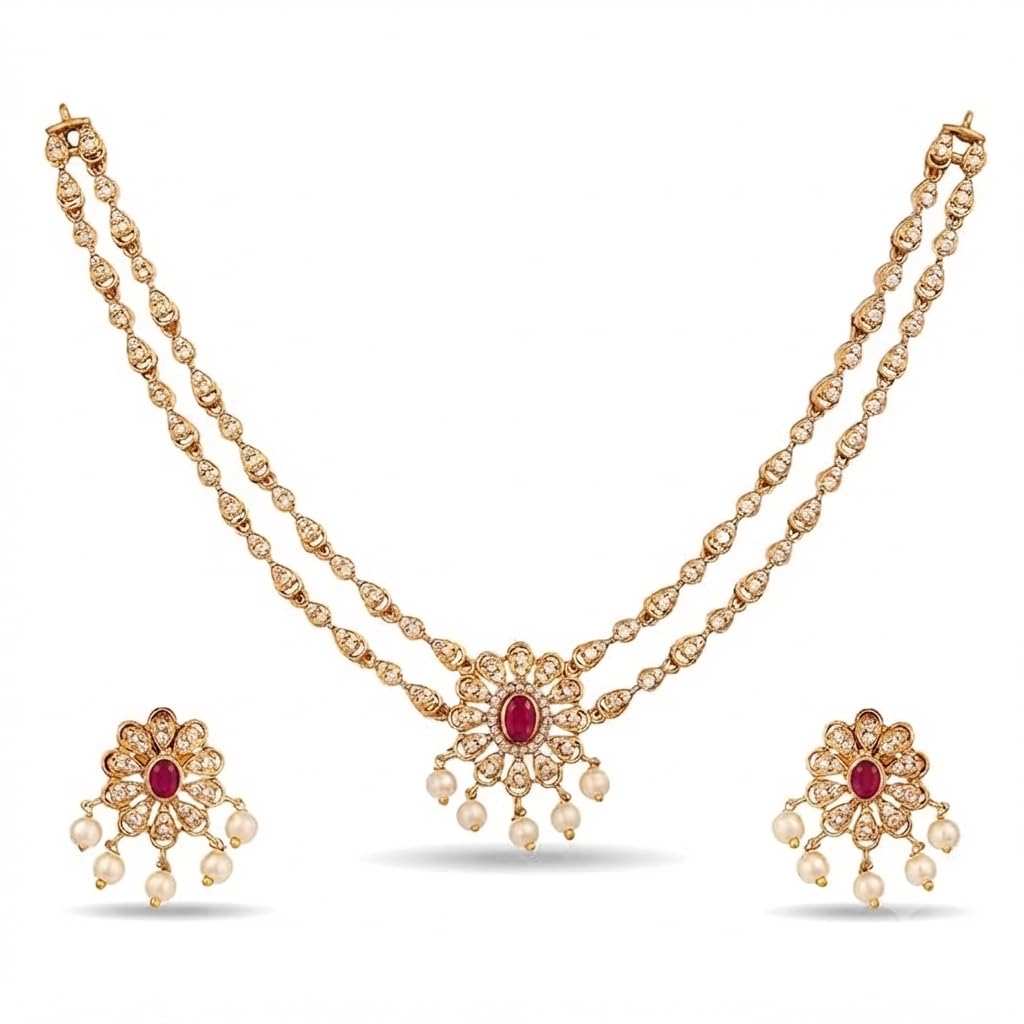 Traditional Gold-Plated AD Diamond Choker Set for Women | Double Layer Necklace with Ruby Stone Floral Pendant, Pearl Drops & Matching Earrings-image-34