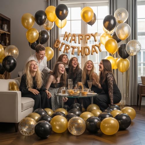 Image of Black and Gold Balloons, 12 Inches 60 Pieces Black Balloon Metallic Chrome Gold Confetti Balloon for Birthday, New Year, Graduation Party