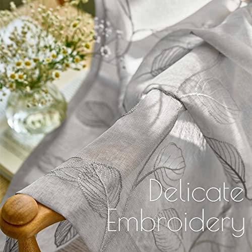 Lazzzy Grey Sheer Curtains Leaf Embroidered 96 Inch Long for Living Room Bedroom Rod Pocket Voile Window Drapes 2 Panels