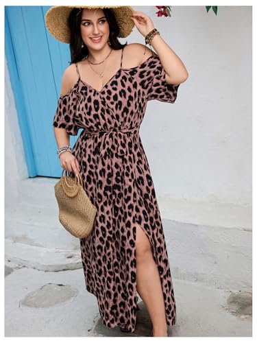 Image of OYOANGLE Women's Plus Size Summer Casual Bohemian Leopard Print Cold Shoulder Belted Wrap Split Long Maxi Dress