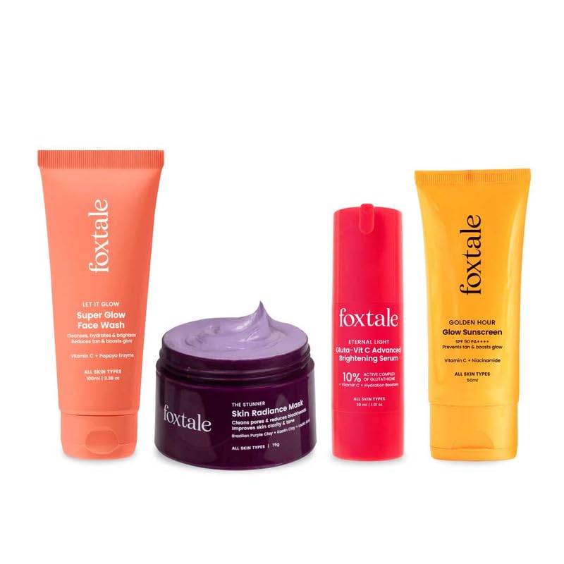 Image of Foxtale Complete Glow Combo | Vitamin C Face Wash + 10% Vit C Serum + Radiance Mask + SPF 50 Sunscreen | Removes tan, brightens, hydrates & protects | For radiant, even-toned skin | For Men & Women
