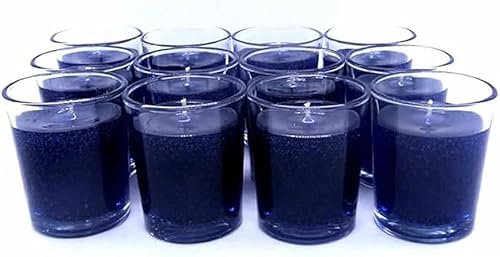 Box of Twelve Clear Navy Blue Color Unscented Mineral Oil Based Candle Votives up to 25 Hour Each of Clean Burning for Weddings Restaurants and Home