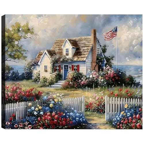 Image of Framed American Flag Coastal Cottage Wall Art, Patriotic Seaside House Canvas Art Pictures, USA Flag Floral Garden Wall Decor, Made in USA Ready to Hang for Living Room Entryway