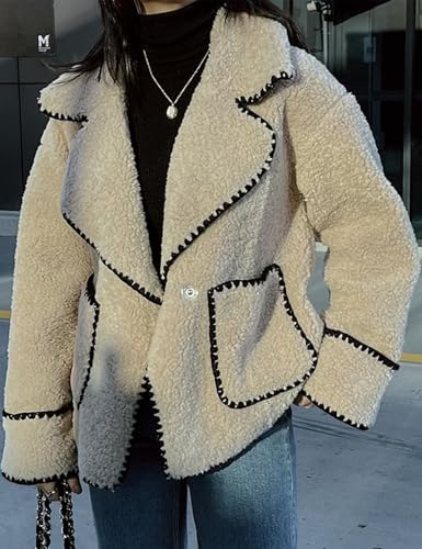 Kissonic Women's Winter Casual Sherpa Jacket Fuzzy Sherpa Fleece Coats Long Sleeve Spliced Lapel Loose Outwear4