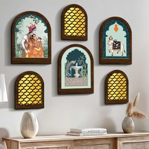 Image of Jharokha MDF Mirrors Home Decoration Items | Traditional Wall Decor Items for Living Room | Mirror Wall Hanging | Home Decor Items for Bedroom Office Set of 6 (9x12 inch & 7.5x9.5 inch)