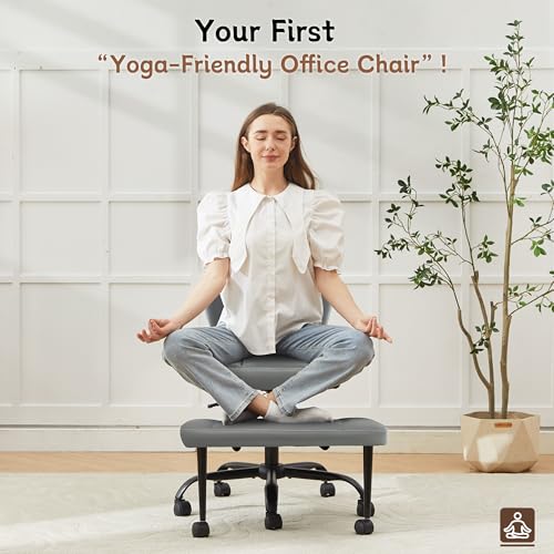Image of Ergonomic Criss Cross Legged Office Chair, ADHD Chair, 360 Swivel Meditation Kneeling Chair with Wheels, Adjustable Footrest, Bigger & Wider Height Adjustable Seat, Strong Lumbar Support, Grey PU