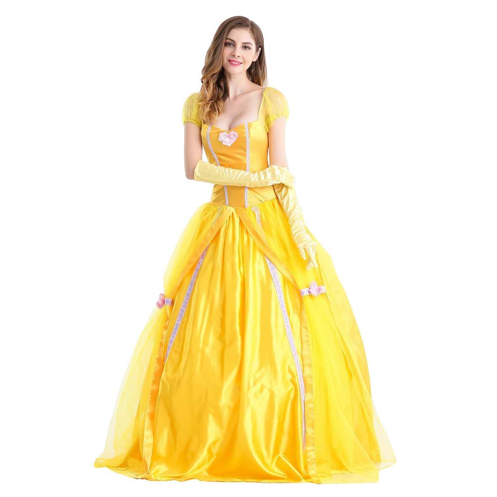 Adulta Disfraz de Belle para Mujer Princesa Melocotón Vestido de Falda Larga Carnaval de Halloween Cosplay Vestido para Arriba Traje de Fiesta de la Bella y la Bestia de Cuento de Hadas