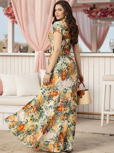 Image of KOH KOH Womens Short Cap Sleeve Summer Floral Print Long Casual Maxi Dress