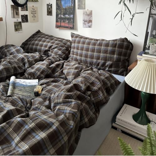 Image of Plaid Duvet Cover Set Queen Size 3 Piece Blue Brown Buffalo Plaid Comforter Cover Vintage Grid Checkered Pattern Soft Breathable Microfiber Bedding Set with Zipper Closure and 2 Pillowcases