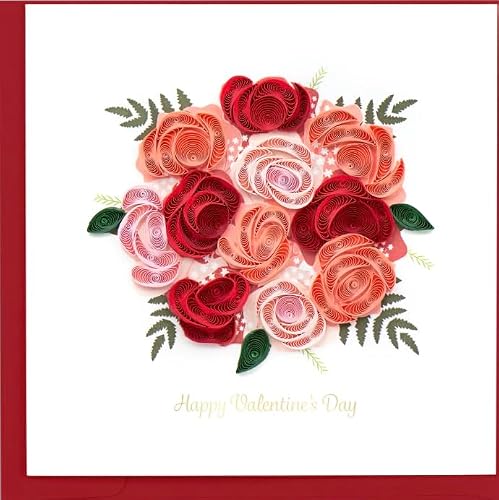 Quilling Card 3-D Greeting Card: Happy Valentines Day: Pink, Peach, and Red Roses Bouquet of Flowers -  LV260