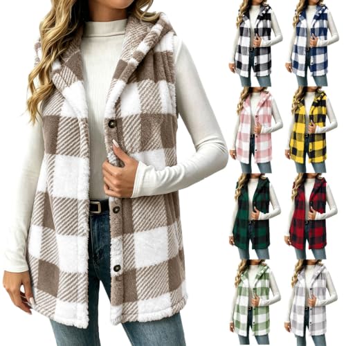 Womens Fleece Vest Fuzzy Plaid Sleeveless Hooded Button Down Sherpa Jacket - image 1