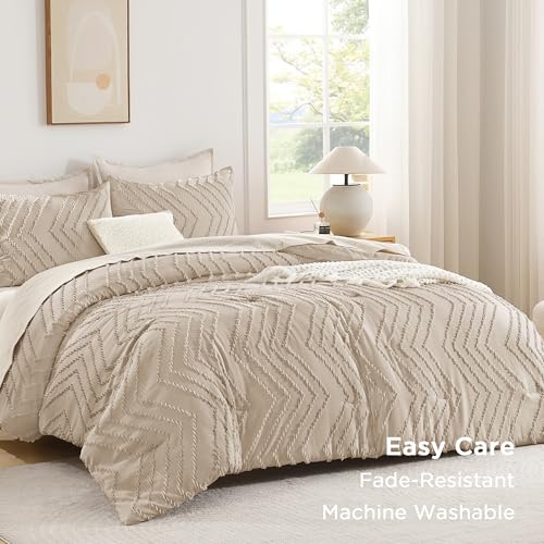 Image of Andency Khaki Oversized Super King Plus Comforter Set 128x120, Extra Large King Size Comforter Oversize Boho Soft Warm Bedding Comforter Sets, 3 Pieces Aesthetic Chevron Textured Bedding